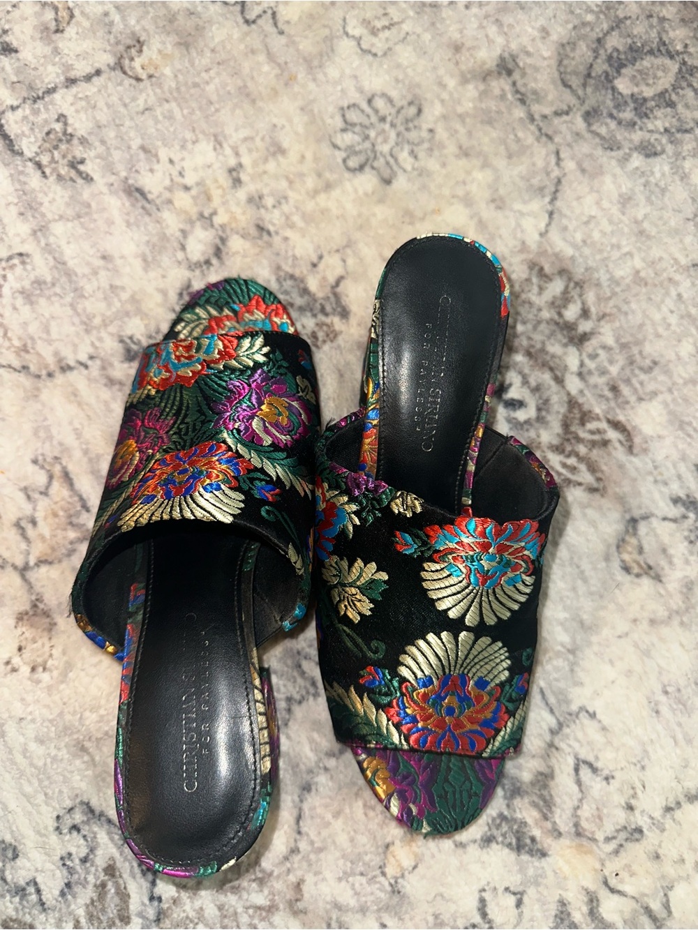 Embroidered Floral Black Slide Mules